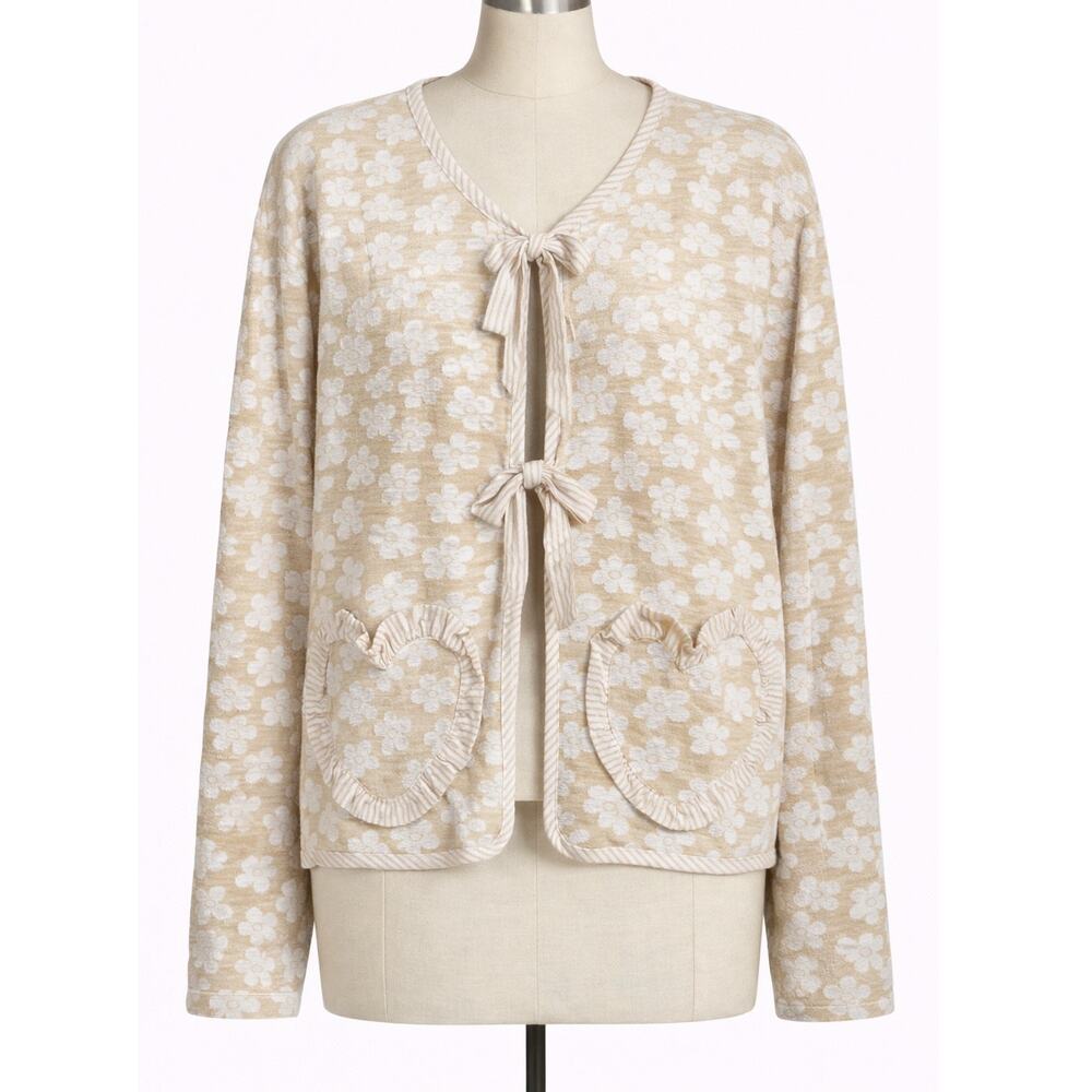 RareRaw Beige Floral Tie-Front Cardigan with Heart Pockets NWOT No Size